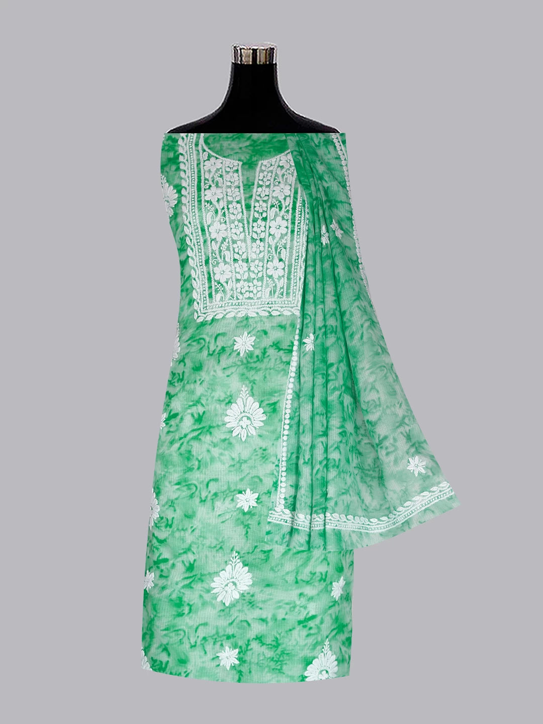 Ada Hand Embroidered Green Kota Silk Lucknowi Chikankari Unstitched Kurta Dupatta Set 01A389456