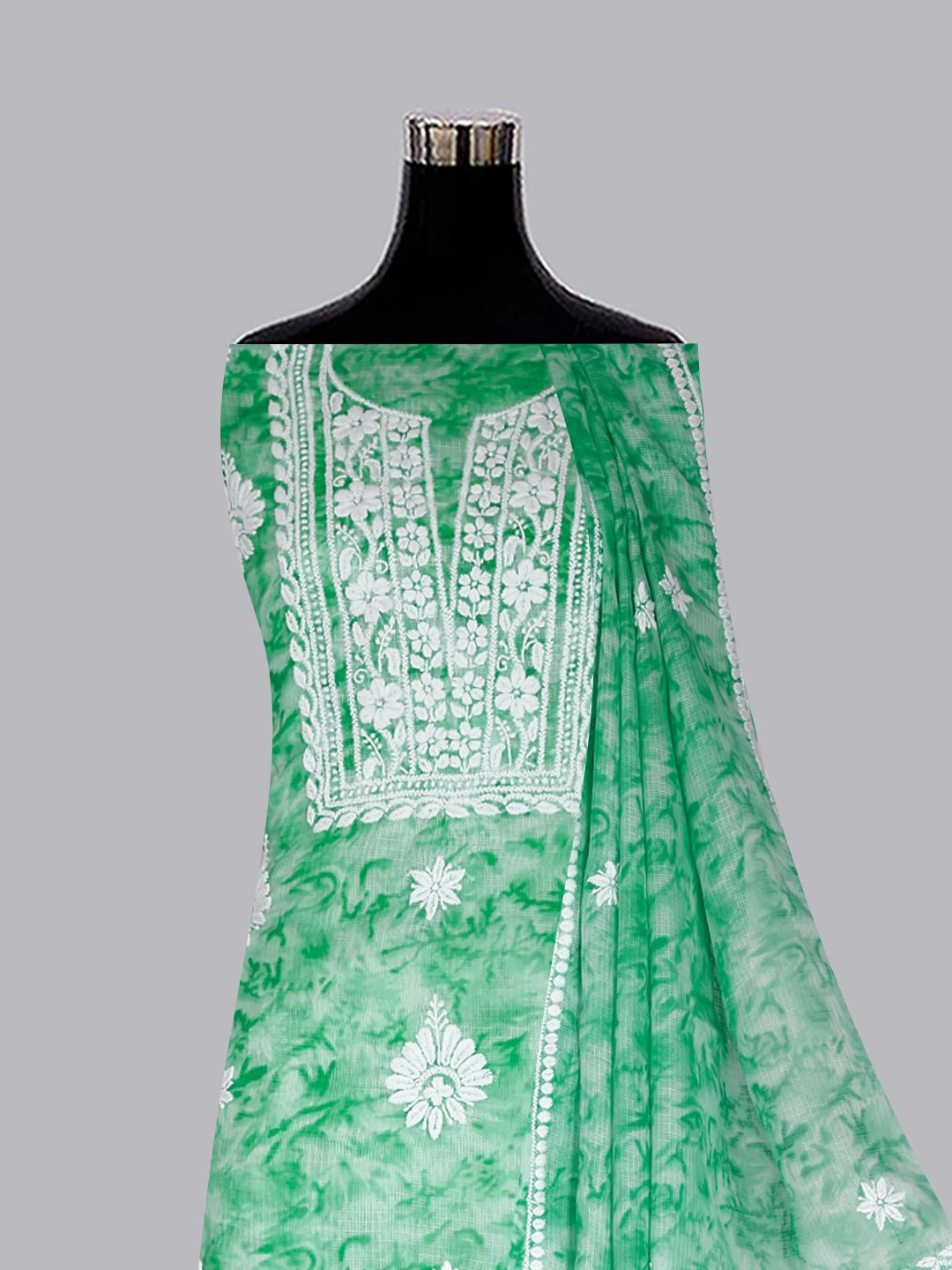 Ada Hand Embroidered Green Kota Silk Lucknowi Chikankari Unstitched Kurta Dupatta Set 01A389456