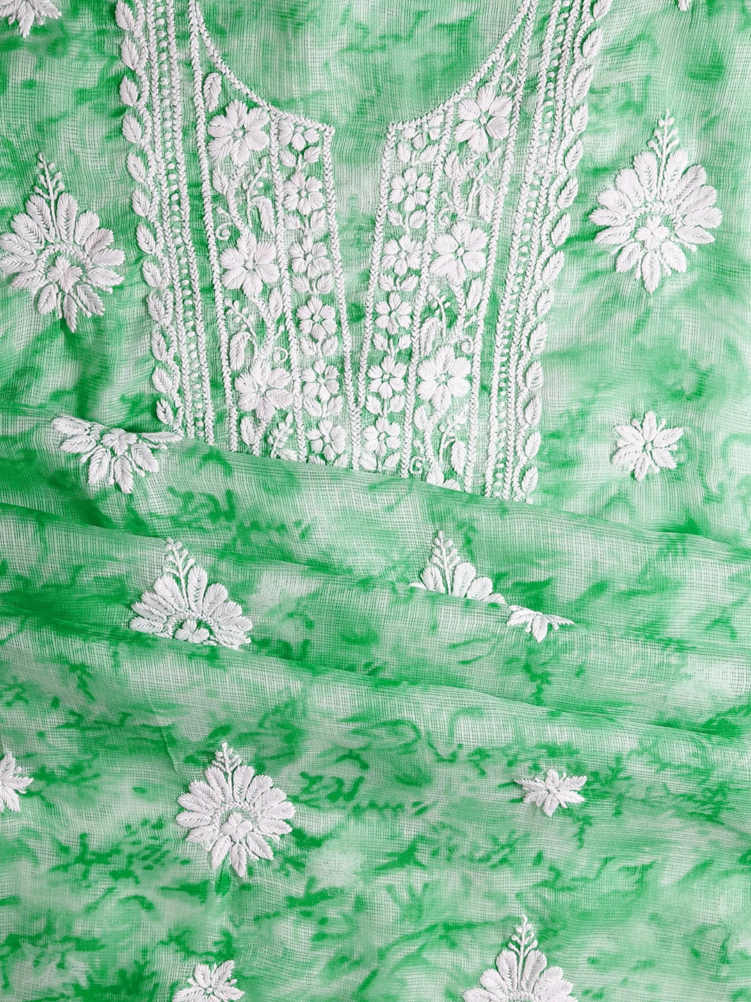 Ada Hand Embroidered Green Kota Silk Lucknowi Chikankari Unstitched Kurta Dupatta Set 01A389456