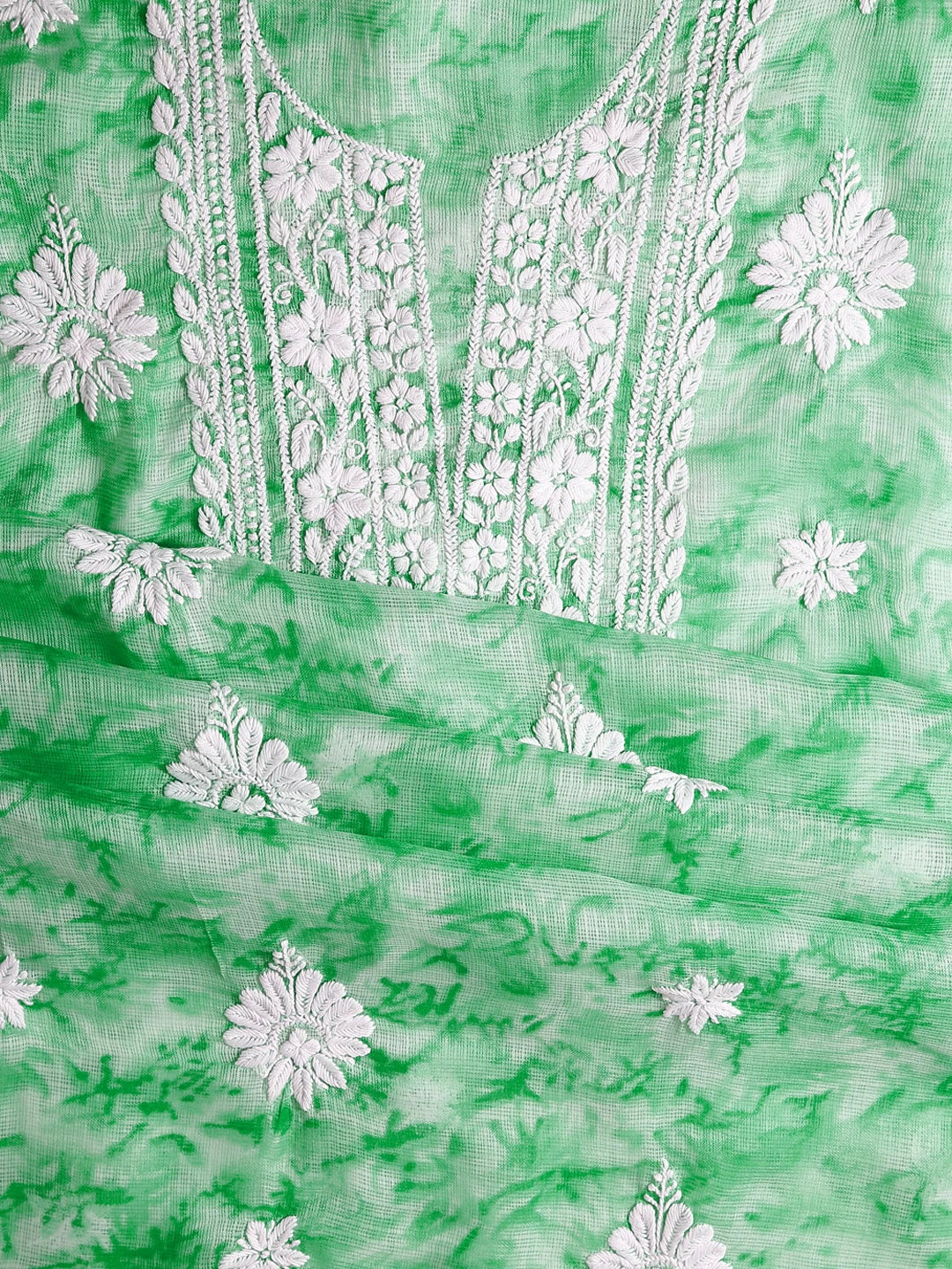 Ada Hand Embroidered Green Kota Silk Lucknowi Chikankari Unstitched Kurta Dupatta Set 01A389456