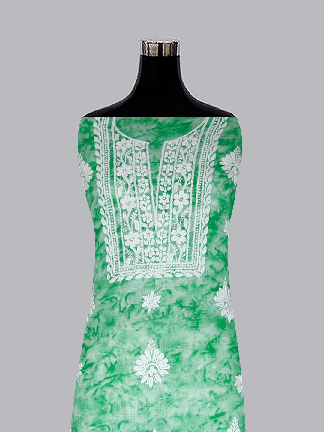 Ada Hand Embroidered Green Kota Silk Lucknowi Chikankari Unstitched Kurta Dupatta Set 01A389456
