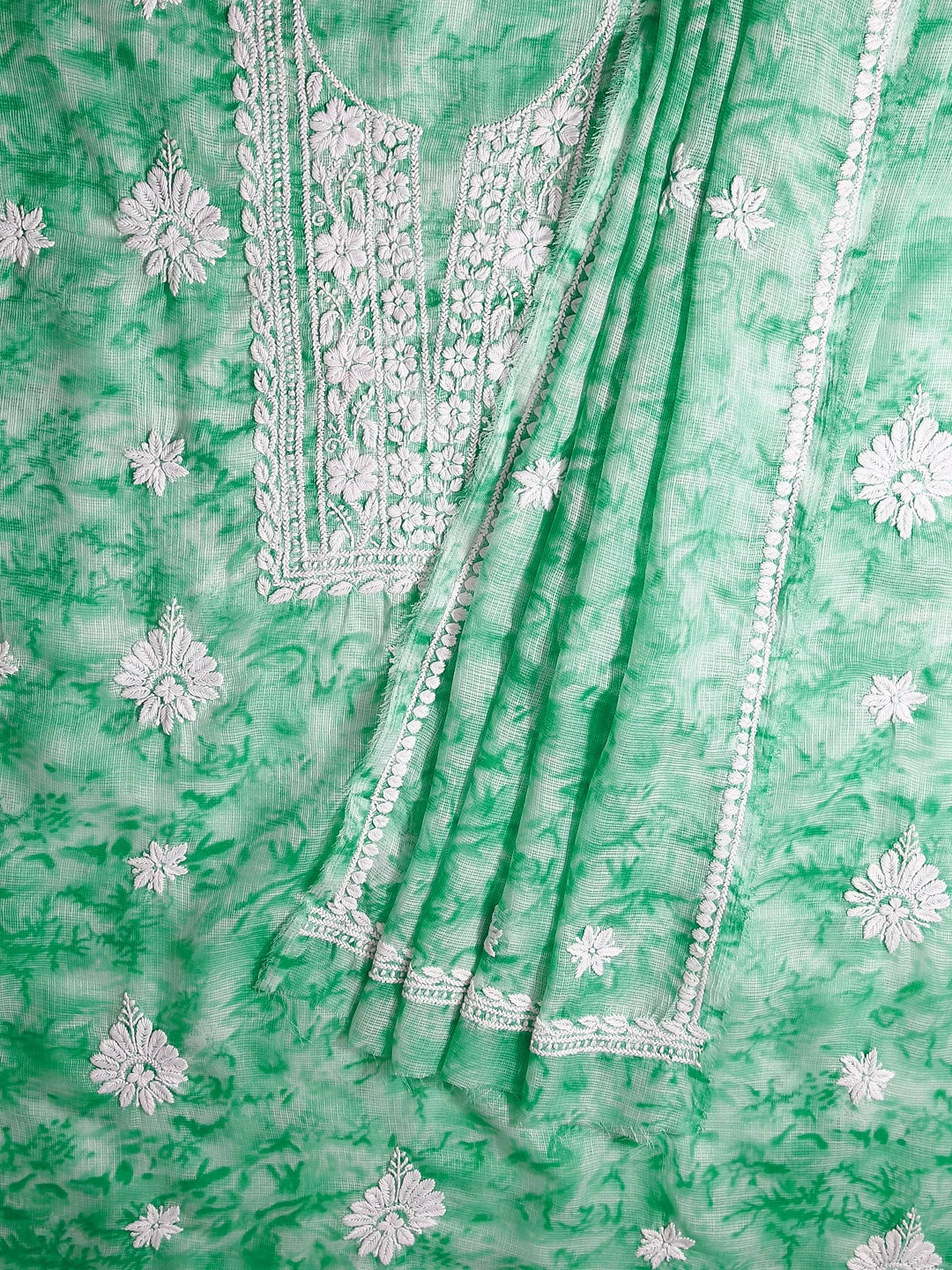 Ada Hand Embroidered Green Kota Silk Lucknowi Chikankari Unstitched Kurta Dupatta Set 01A389456