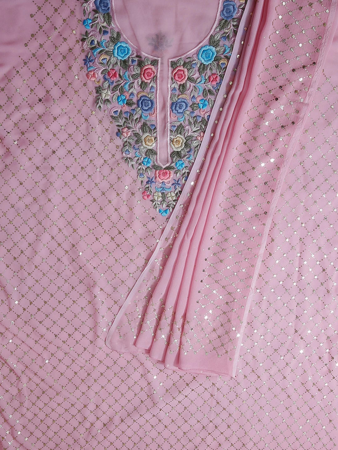 Ada Hand Embroidered Pink Viscose Georgette Lucknowi Chikankari Unstitched Kurta Dupatta Set With Parsi Work 01A388176