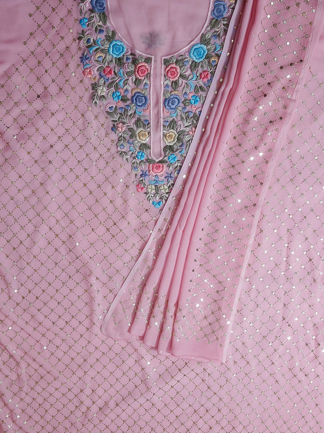 Ada Hand Embroidered Pink Viscose Georgette Lucknowi Chikankari Unstitched Kurta Dupatta Set With Parsi Work 01A388176