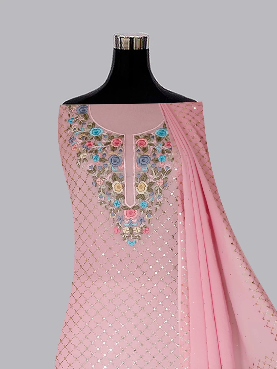 Ada Hand Embroidered Pink Viscose Georgette Lucknowi Chikankari Unstitched Kurta Dupatta Set With Parsi Work 01A388176