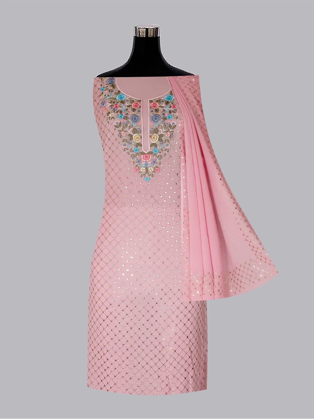 Ada Hand Embroidered Pink Viscose Georgette Lucknowi Chikankari Unstitched Kurta Dupatta Set With Parsi Work 01A388176