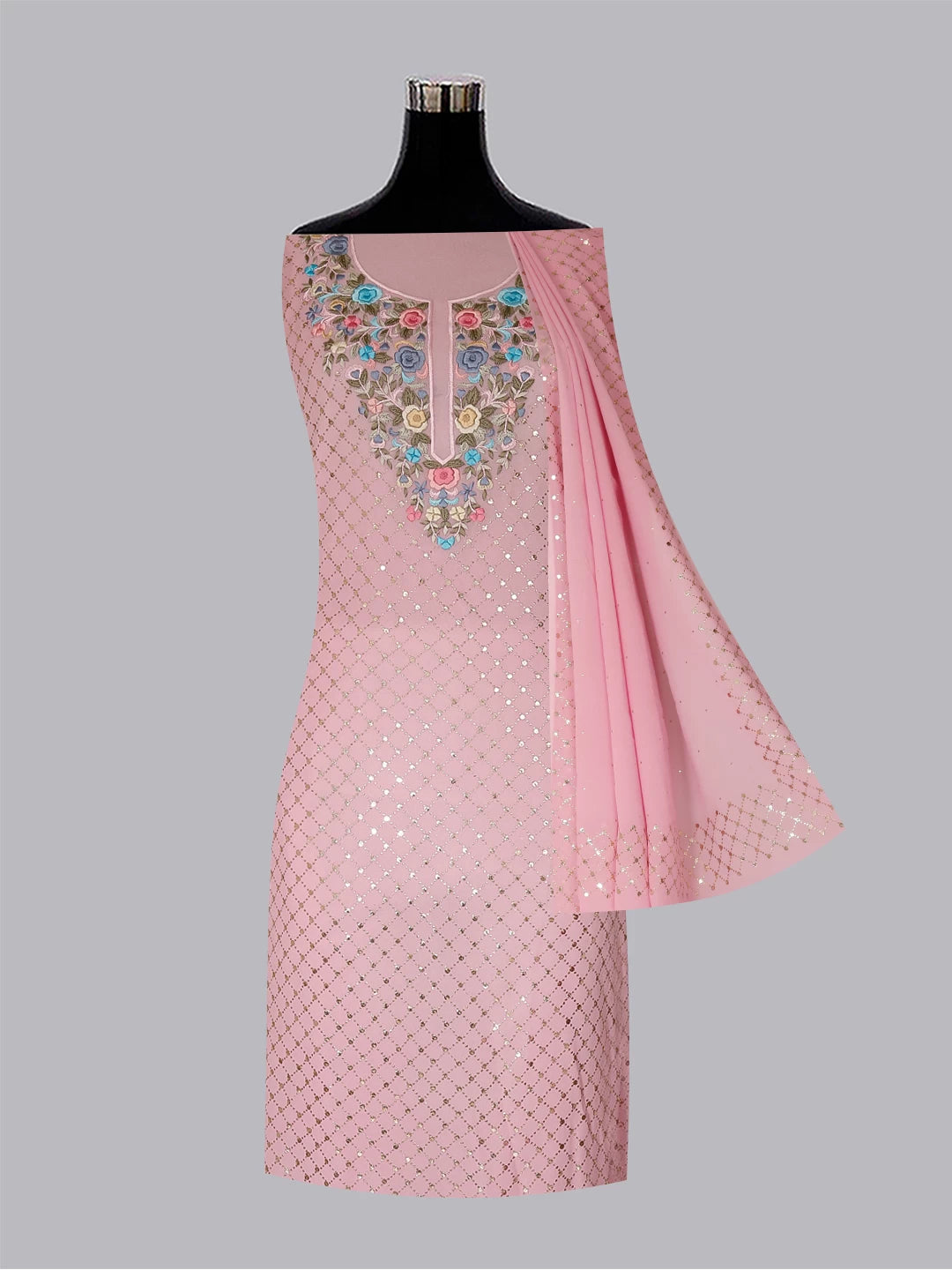 Ada Hand Embroidered Pink Viscose Georgette Lucknowi Chikankari Unstitched Kurta Dupatta Set With Parsi Work 01A388176