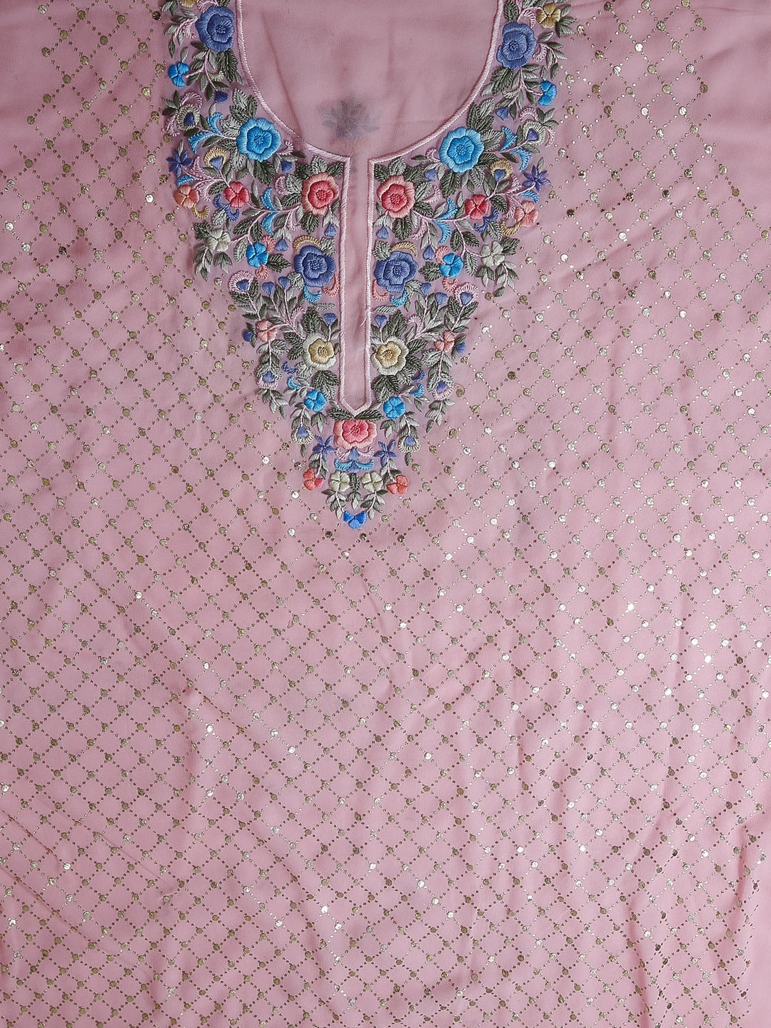 Ada Hand Embroidered Pink Viscose Georgette Lucknowi Chikankari Unstitched Kurta Dupatta Set With Parsi Work 01A388176