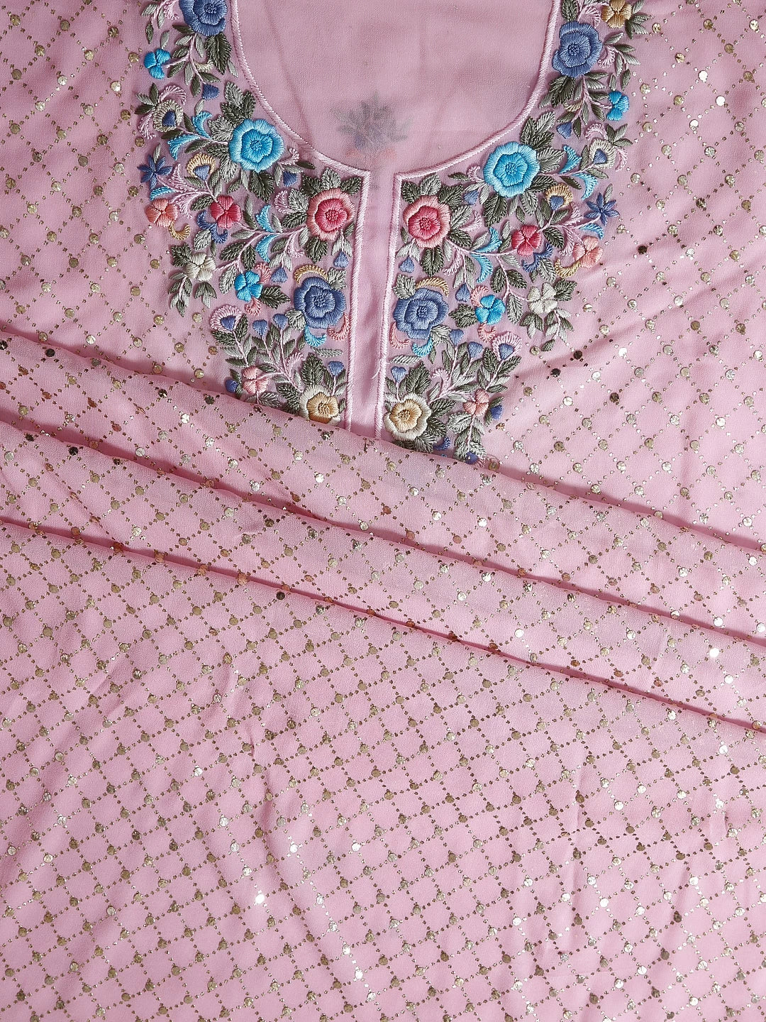 Ada Hand Embroidered Pink Viscose Georgette Lucknowi Chikankari Unstitched Kurta Dupatta Set With Parsi Work 01A388176
