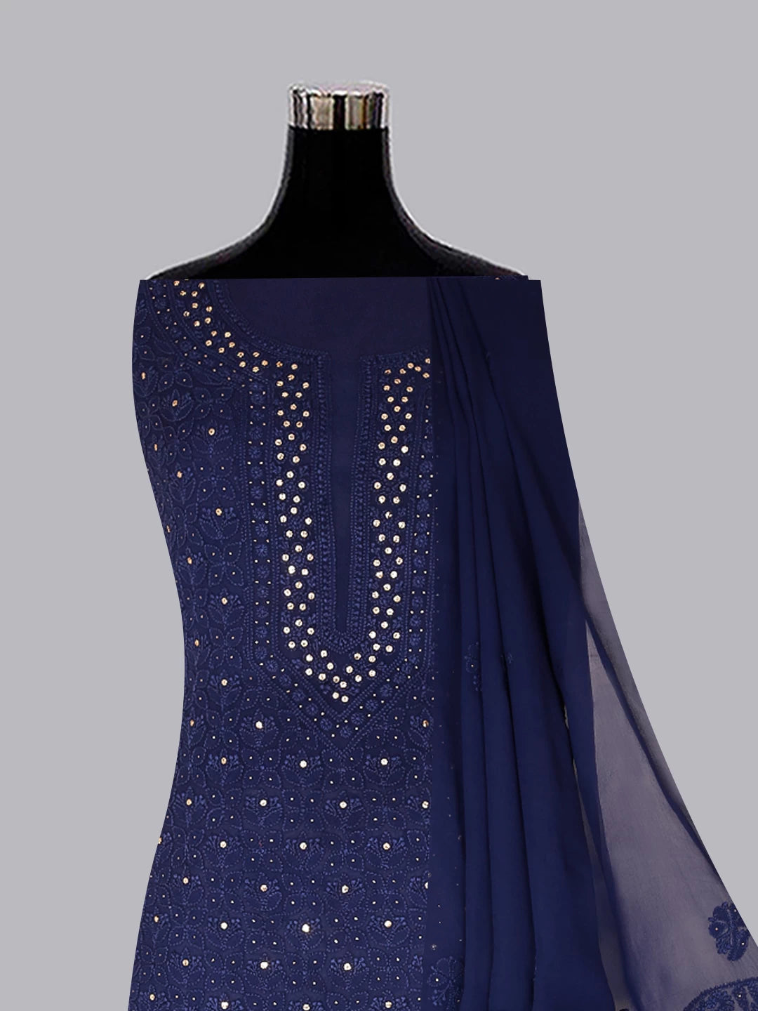 Ada Hand Embroidered Midnight Blue Georgette Lucknowi Chikankari Unstitched Kurta Dupatta Set With Muqaish Work 01A311093