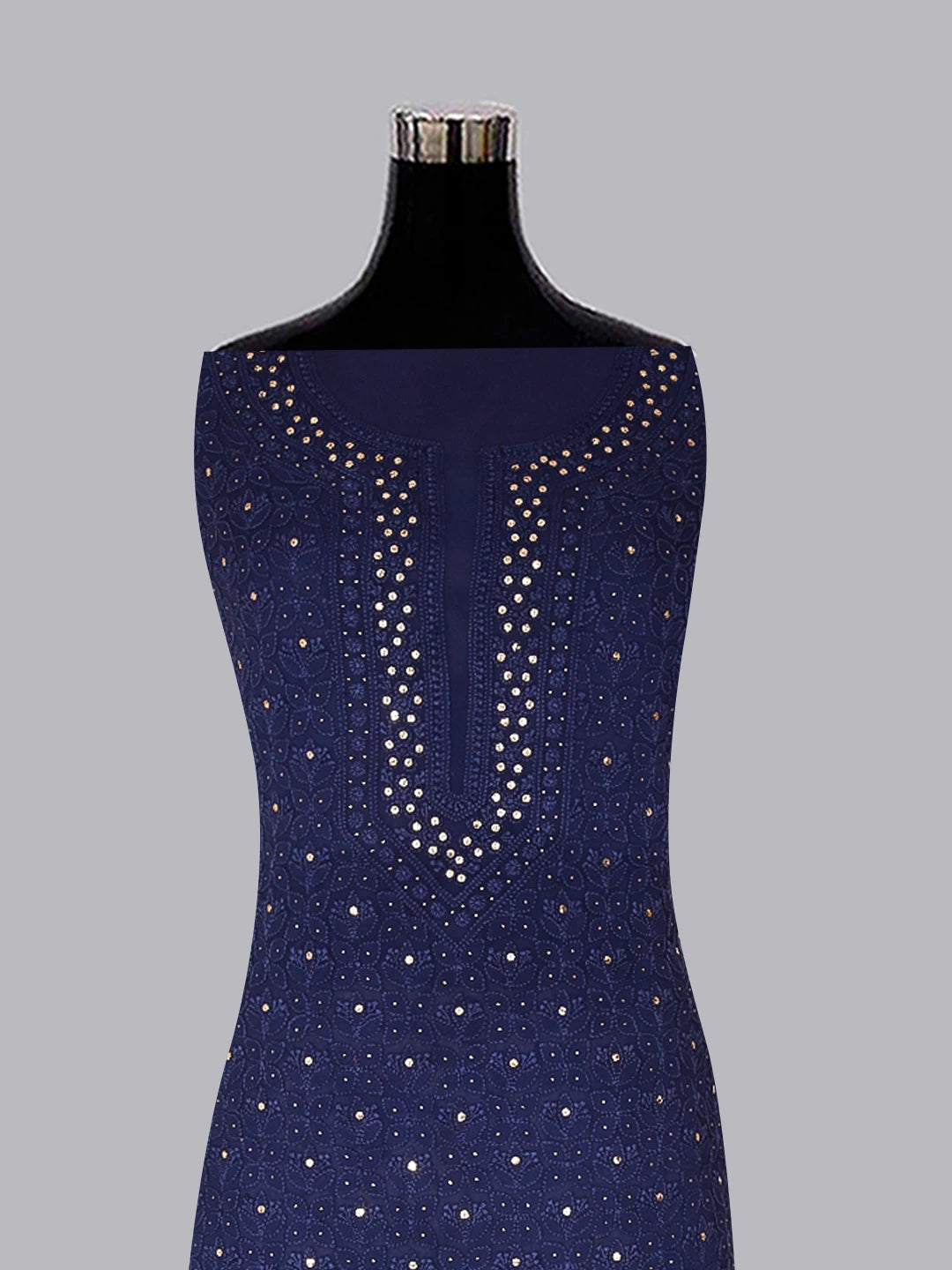 Ada Hand Embroidered Midnight Blue Georgette Lucknowi Chikankari Unstitched Kurta Dupatta Set With Muqaish Work 01A311093