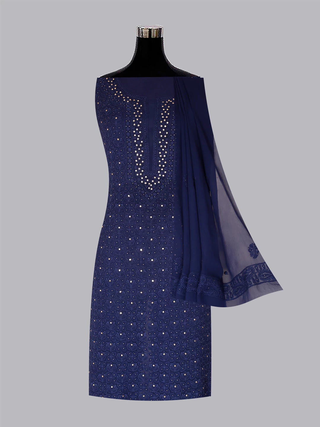 Ada Hand Embroidered Midnight Blue Georgette Lucknowi Chikankari Unstitched Kurta Dupatta Set With Muqaish Work 01A311093