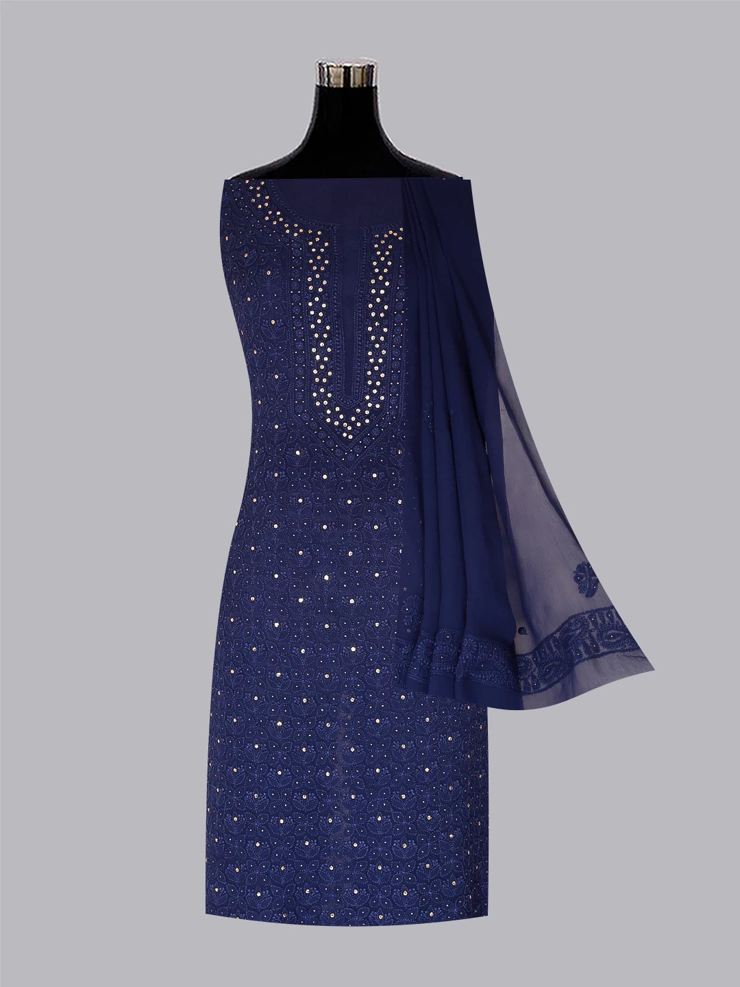 Ada Hand Embroidered Midnight Blue Georgette Lucknowi Chikankari Unstitched Kurta Dupatta Set With Muqaish Work 01A311093