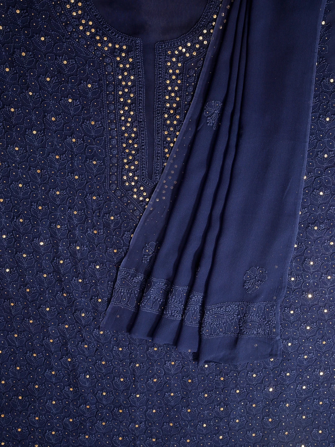 Ada Hand Embroidered Midnight Blue Georgette Lucknowi Chikankari Unstitched Kurta Dupatta Set With Muqaish Work 01A311093