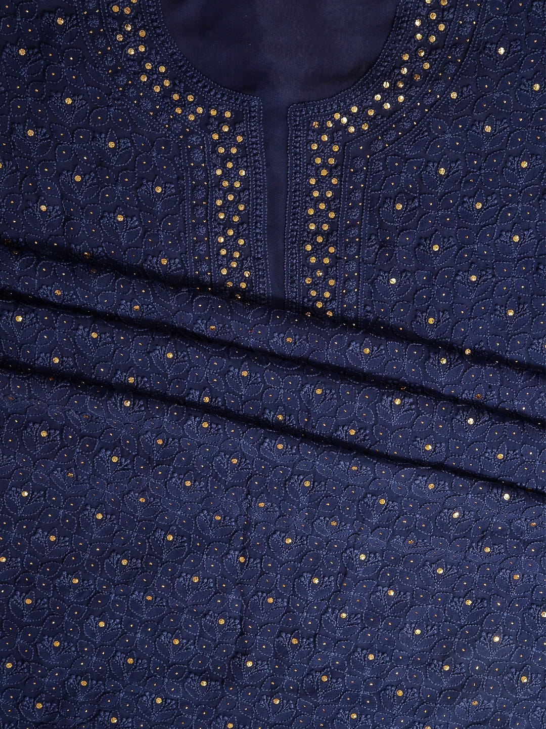 Ada Hand Embroidered Midnight Blue Georgette Lucknowi Chikankari Unstitched Kurta Dupatta Set With Muqaish Work 01A311093