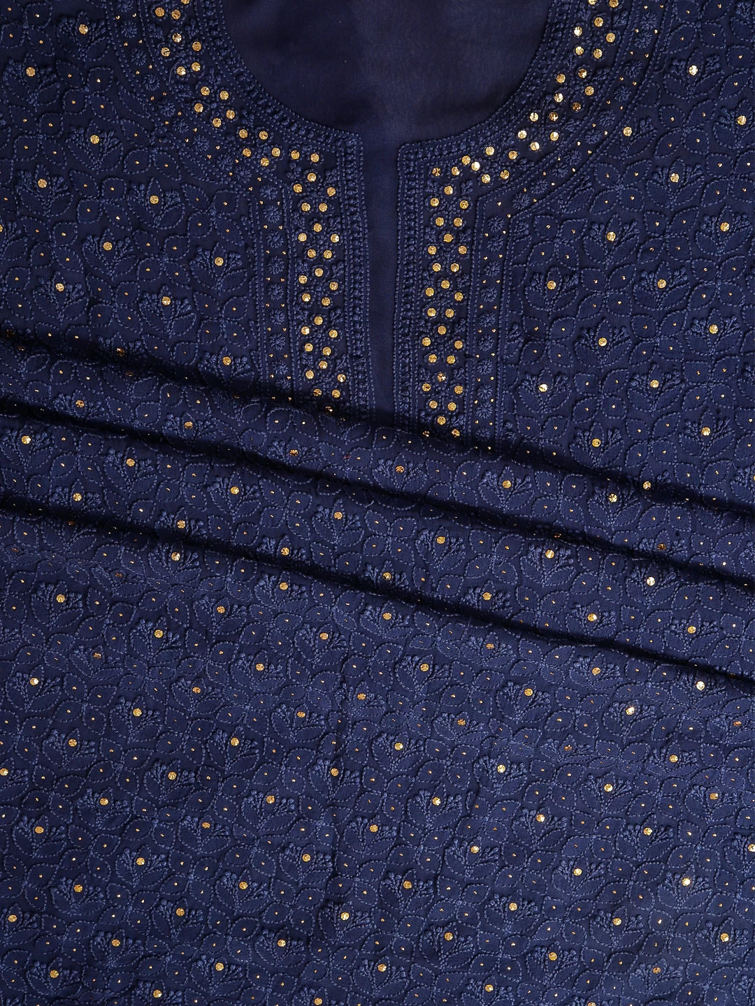Ada Hand Embroidered Midnight Blue Georgette Lucknowi Chikankari Unstitched Kurta Dupatta Set With Muqaish Work 01A311093