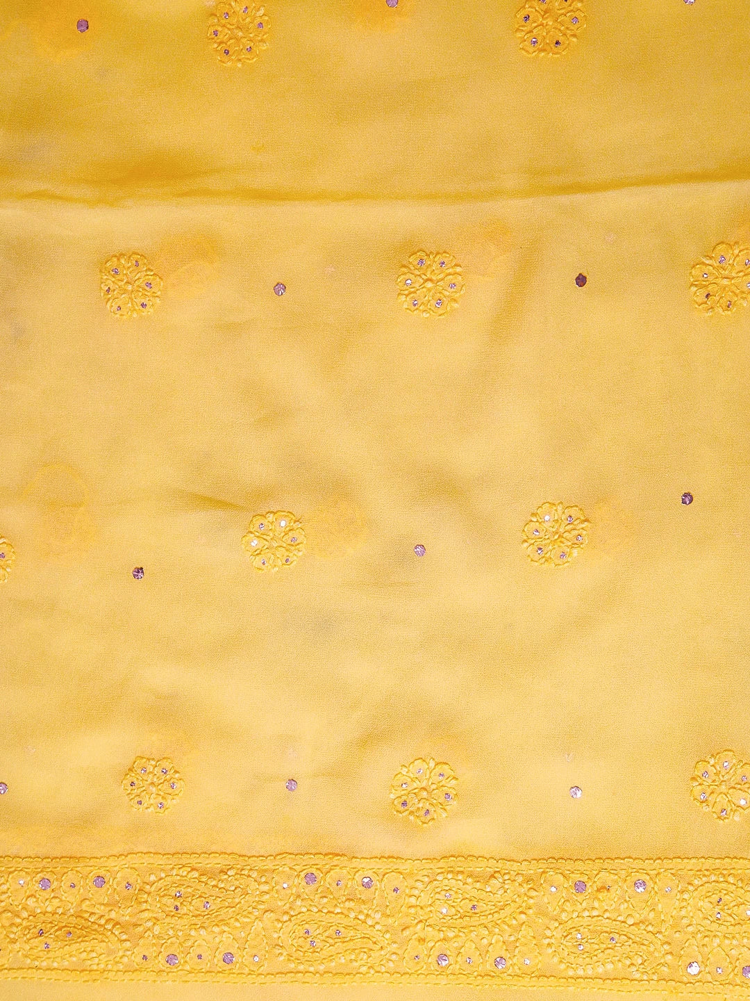 Ada Hand Embroidered Yellow Viscose Georgette Lucknowi Chikankari Unstitched Kurta Dupatta Set With Mukaish Work 01A347784