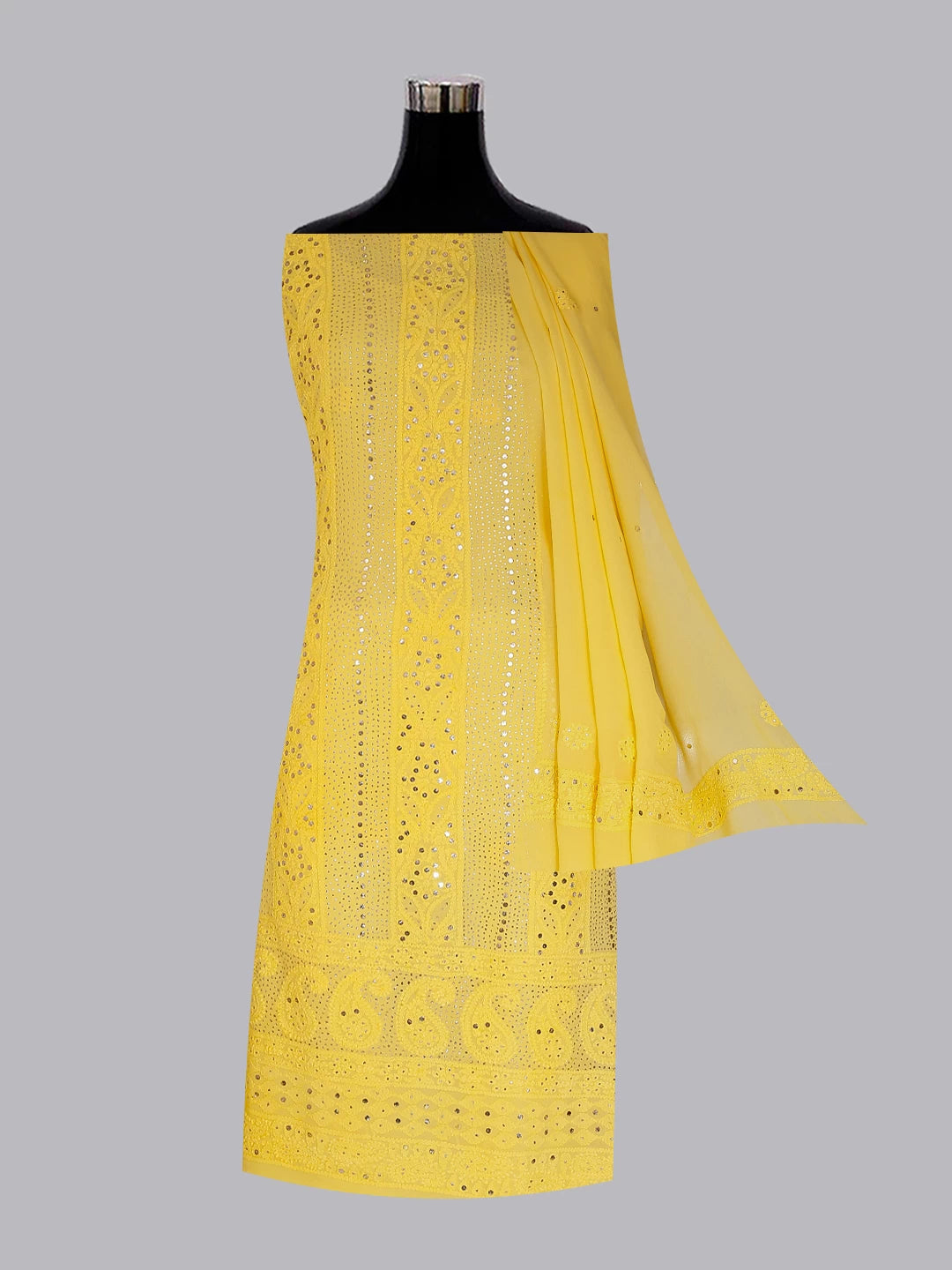 Ada Hand Embroidered Yellow Viscose Georgette Lucknowi Chikankari Unstitched Kurta Dupatta Set With Mukaish Work 01A347784