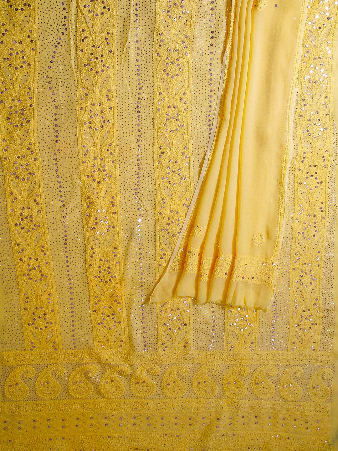 Ada Hand Embroidered Yellow Viscose Georgette Lucknowi Chikankari Unstitched Kurta Dupatta Set With Mukaish Work 01A347784