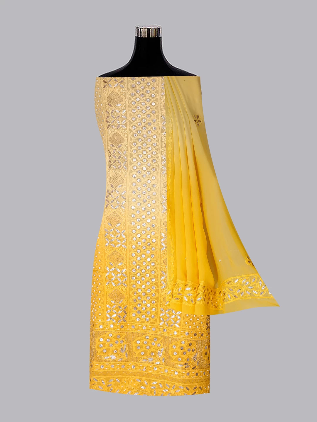 Ada Hand Embroidered Ombre Shade Of Yellow Georgette Lucknowi Chikankari Unstitched Kurta Dupatta Set With Gotapatti Work 01A374445