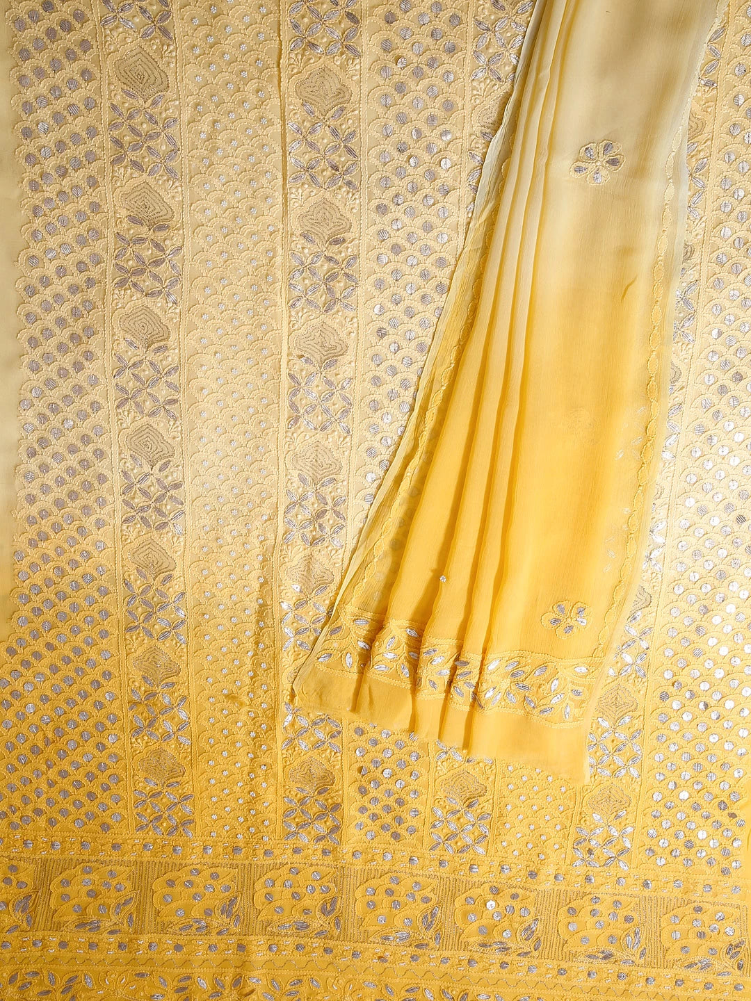 Ada Hand Embroidered Ombre Shade Of Yellow Georgette Lucknowi Chikankari Unstitched Kurta Dupatta Set With Gotapatti Work 01A374445