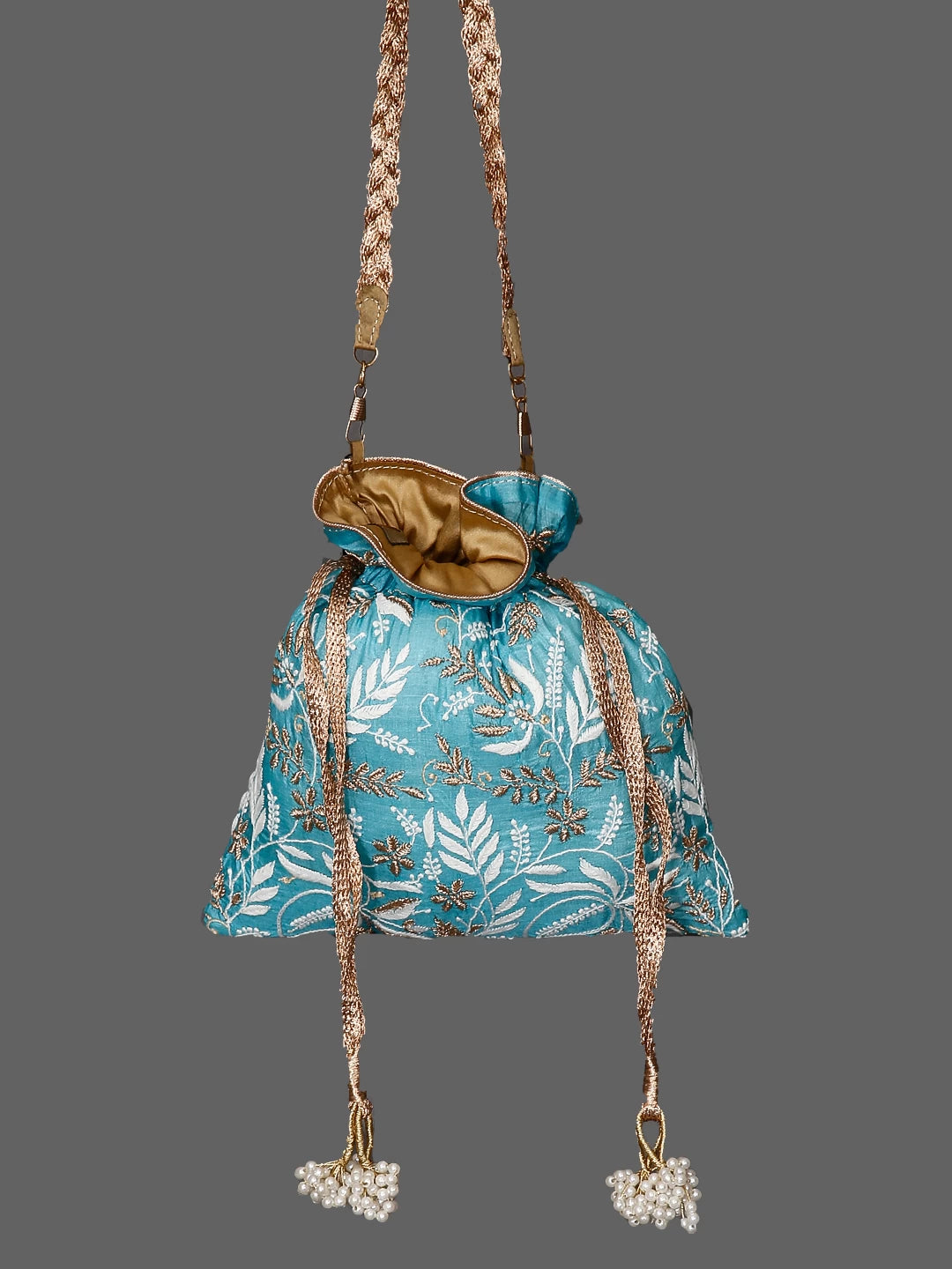 Ada Hand Embroidered Cyan Blue Silk Lucknowi Chikankari Potli Bag With Zari Work 01A398074