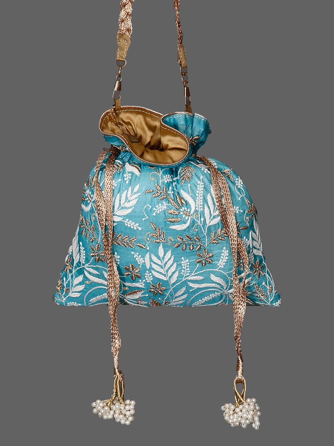 Ada Hand Embroidered Cyan Blue Silk Lucknowi Chikankari Potli Bag With Zari Work 01A398074
