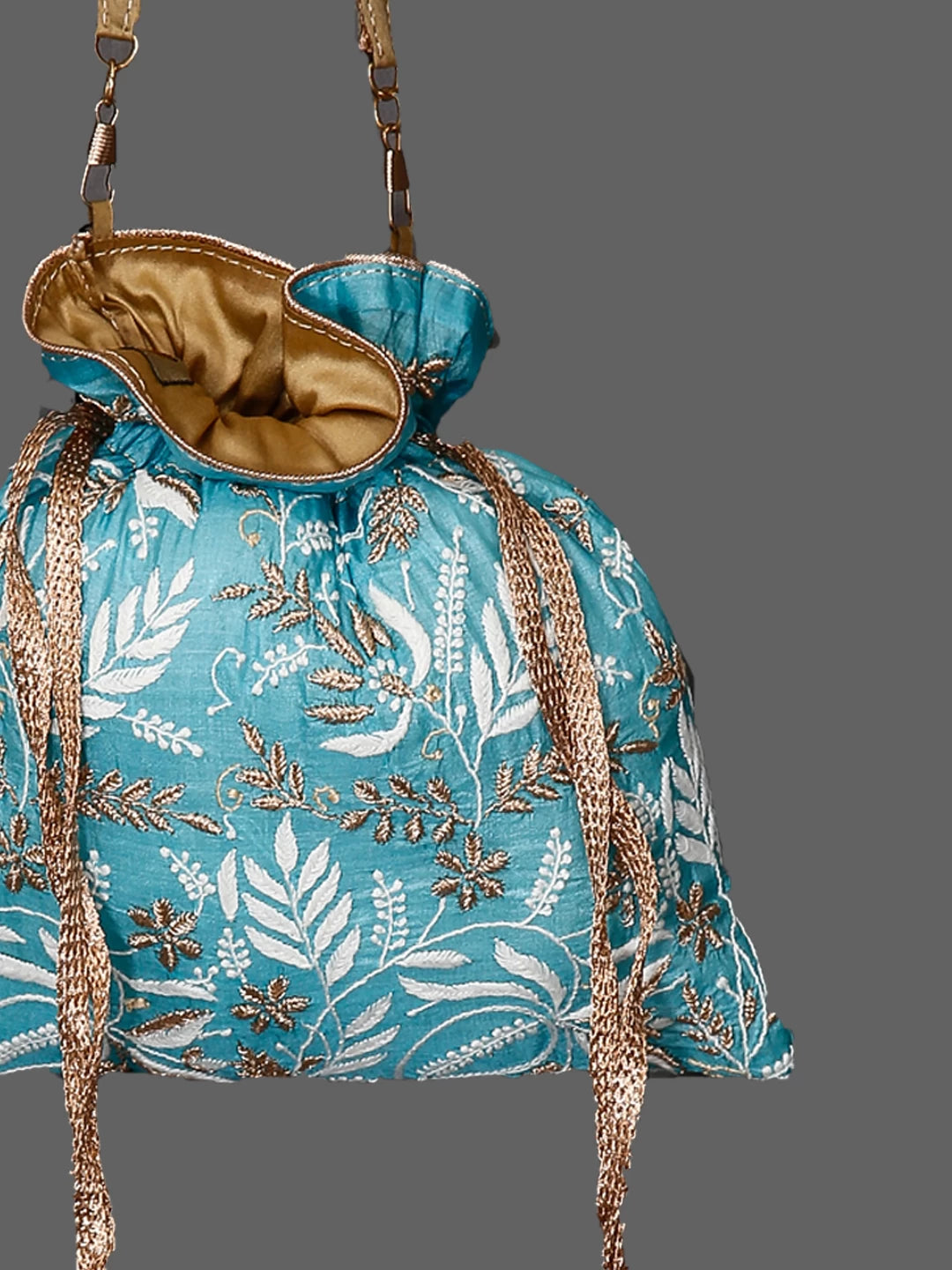Ada Hand Embroidered Cyan Blue Silk Lucknowi Chikankari Potli Bag With Zari Work 01A398074