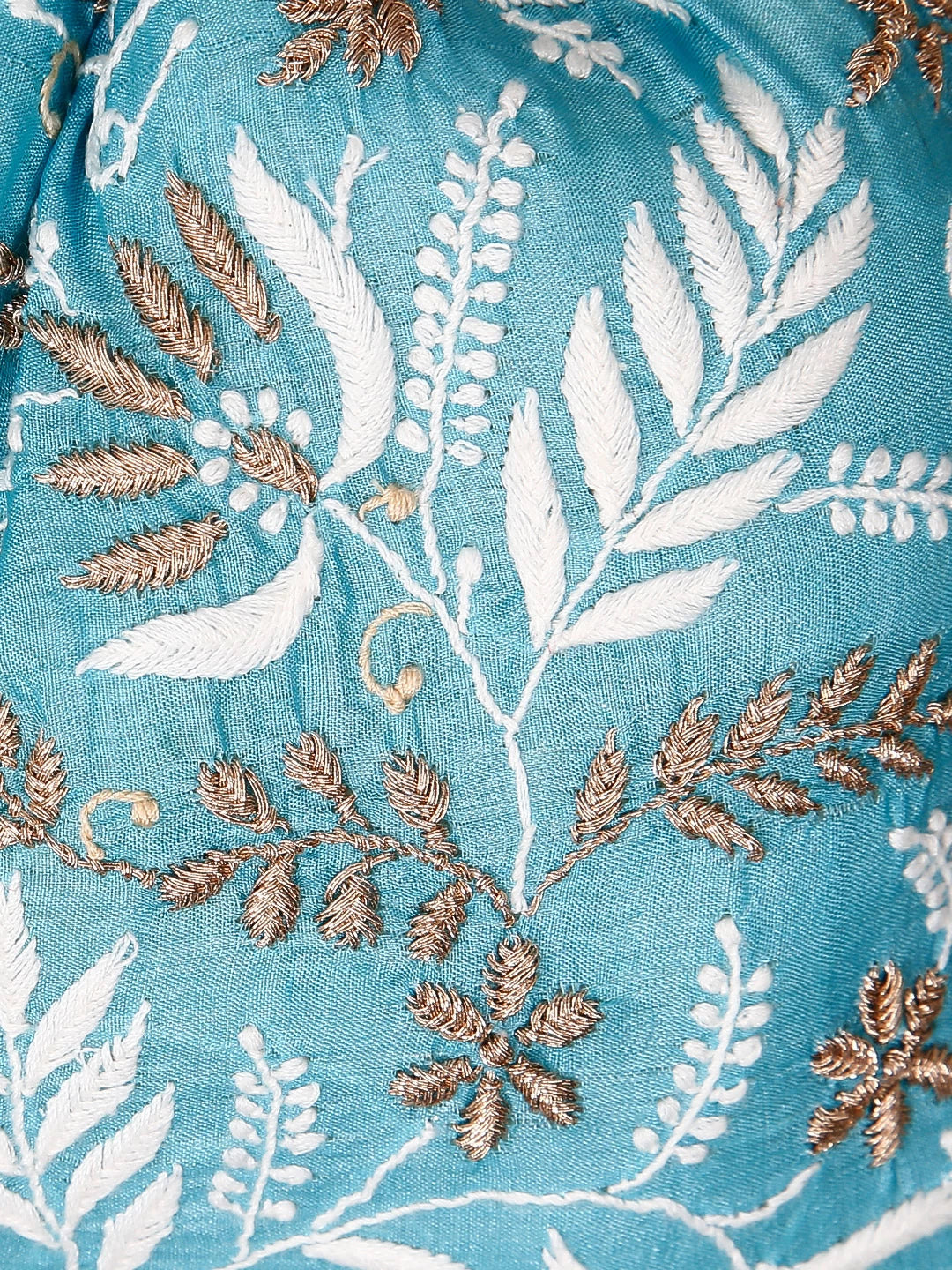 Ada Hand Embroidered Cyan Blue Silk Lucknowi Chikankari Potli Bag With Zari Work 01A398074
