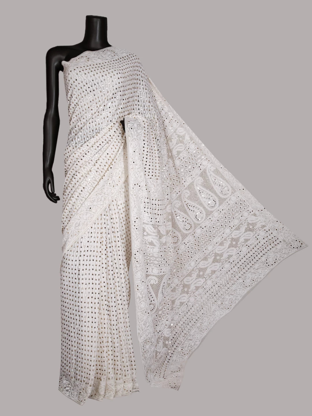 Ada Hand Embroidered Off White Pure Georgette Lucknowi Chikankari Saree/Blouse With Muqaish Work 01A286808