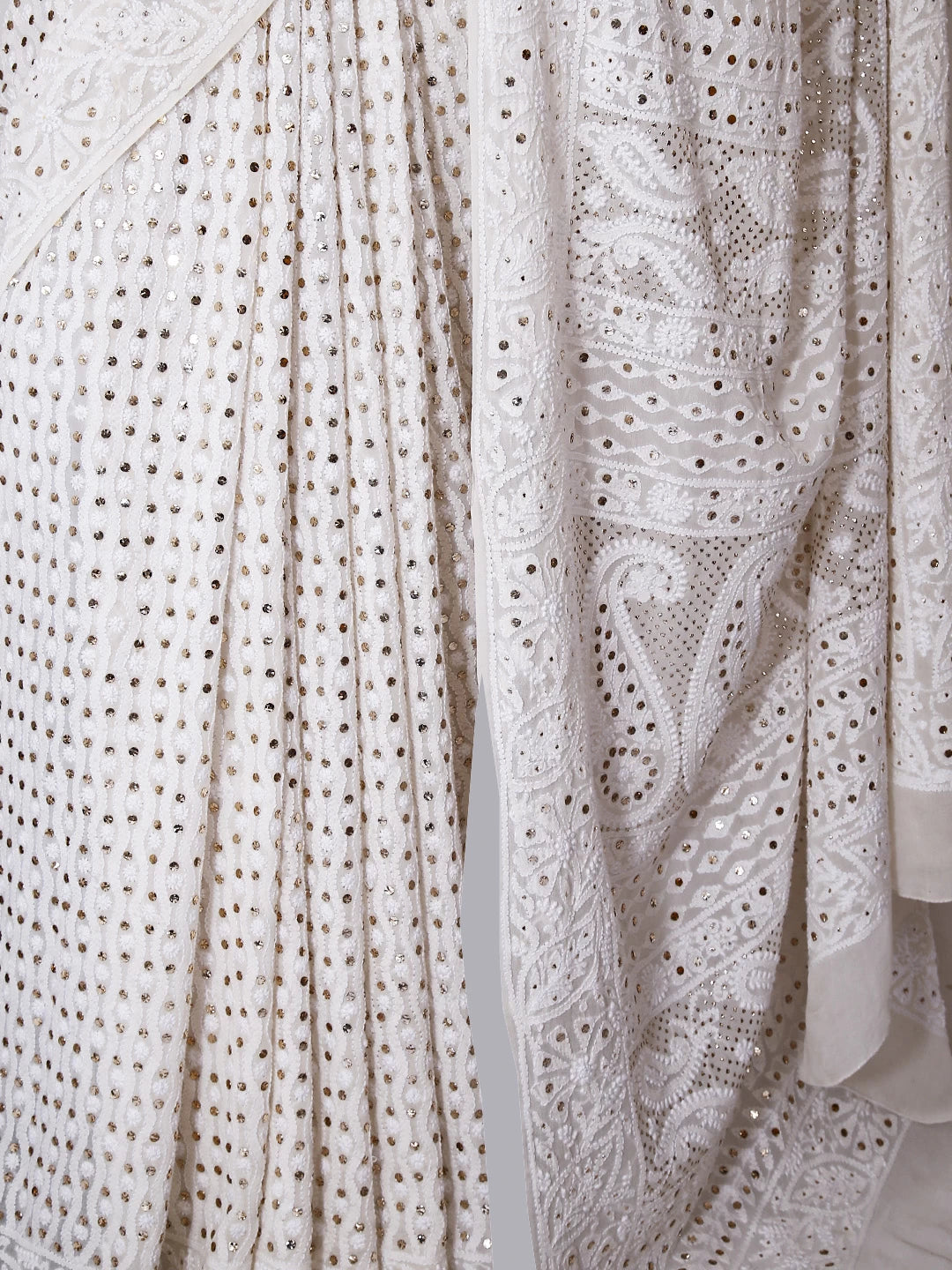 Ada Hand Embroidered Off White Pure Georgette Lucknowi Chikankari Saree/Blouse With Muqaish Work 01A286808