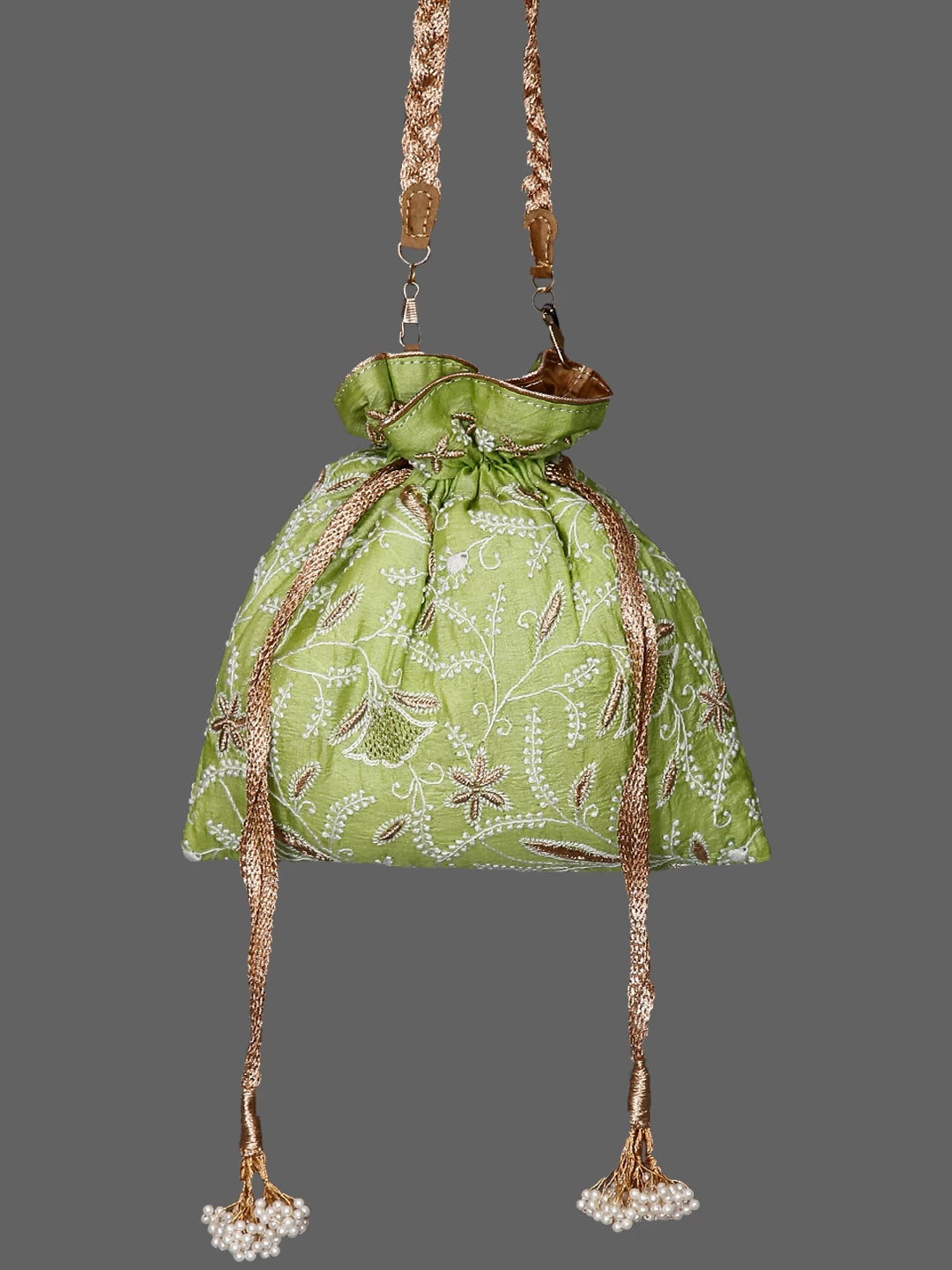 Ada Hand Embroidered Light Green Silk Lucknowi Chikankari Potli Bag With Zari Work 01A398070