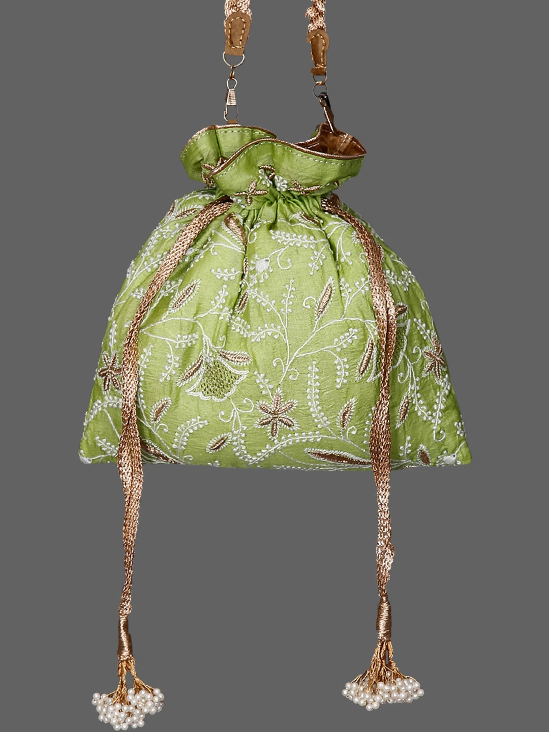 Ada Hand Embroidered Light Green Silk Lucknowi Chikankari Potli Bag With Zari Work 01A398070