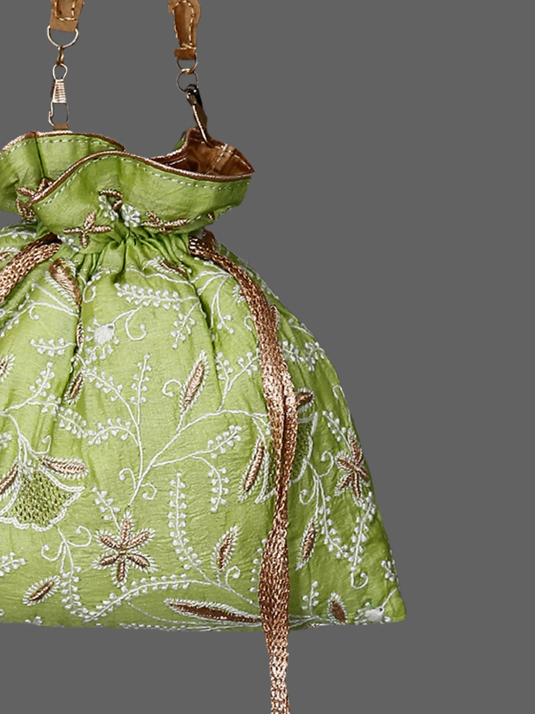 Ada Hand Embroidered Light Green Silk Lucknowi Chikankari Potli Bag With Zari Work 01A398070