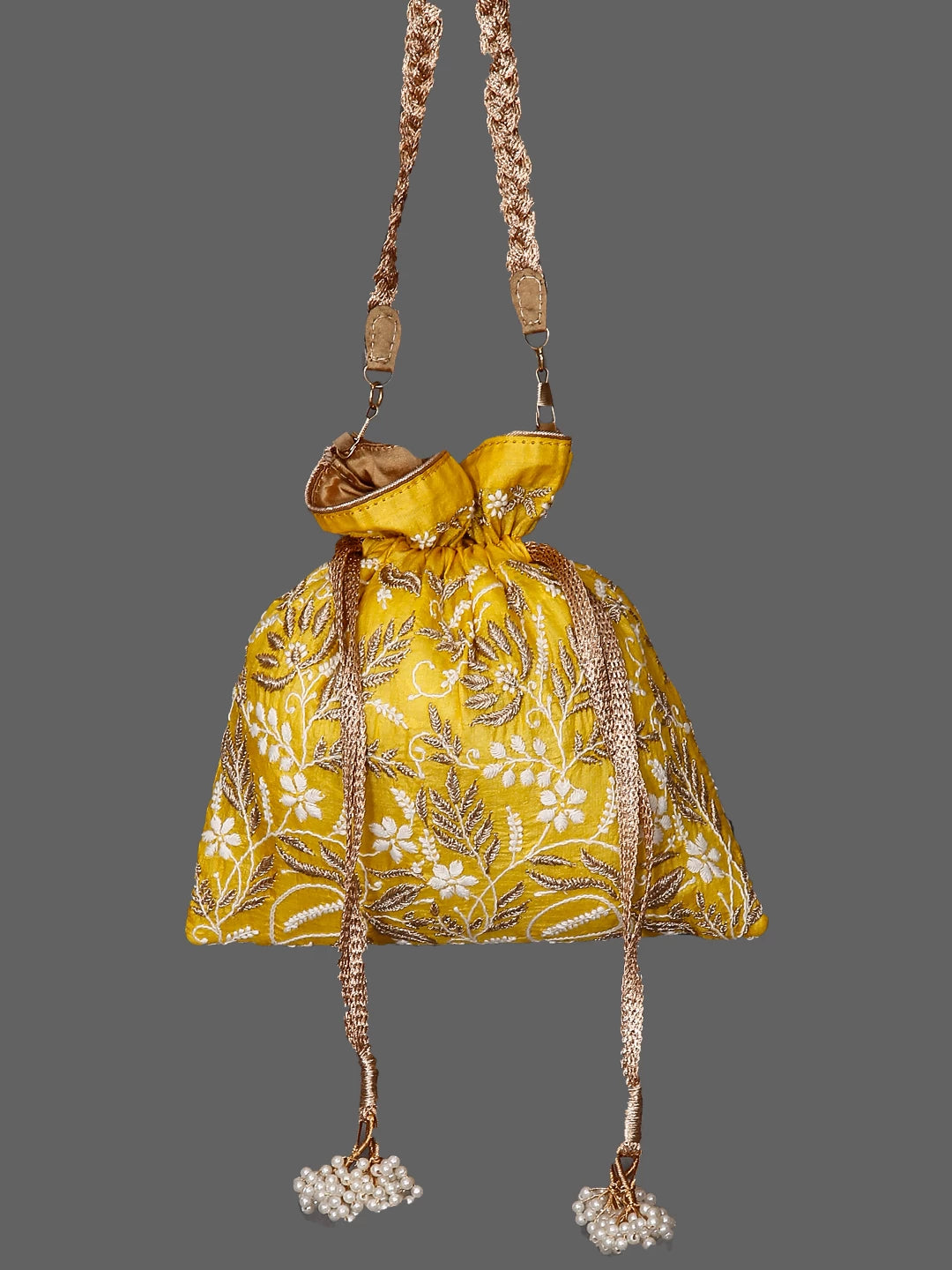 Ada Hand Embroidered Yellow Silk Lucknowi Chikankari Potli Bag With Zari Work 01A447215