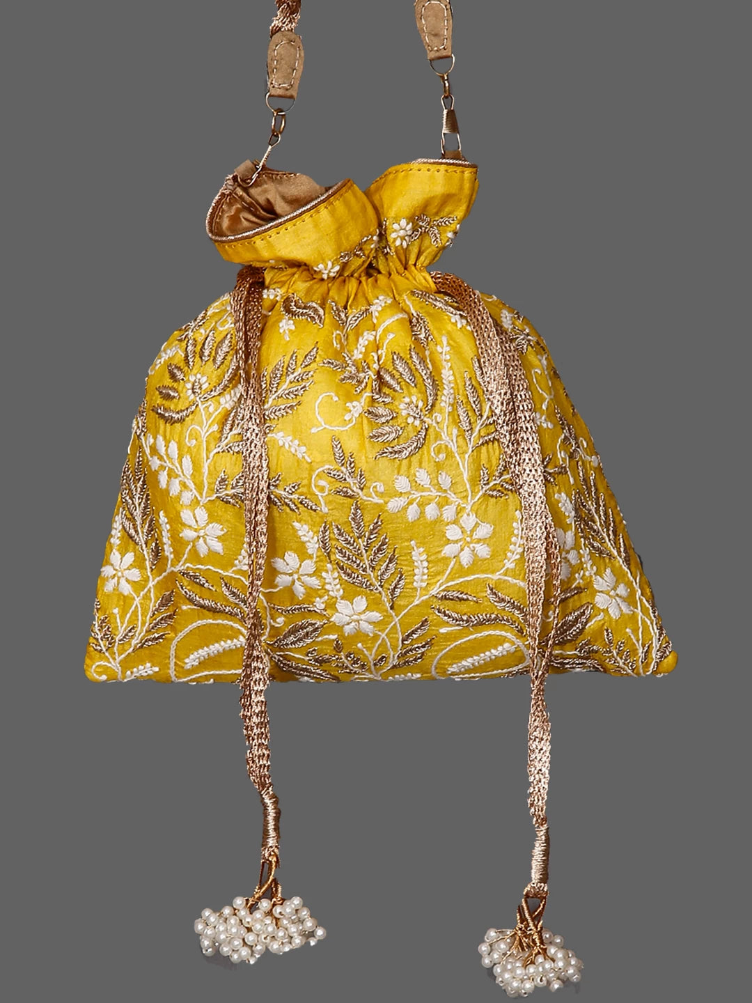 Ada Hand Embroidered Yellow Silk Lucknowi Chikankari Potli Bag With Zari Work 01A447215