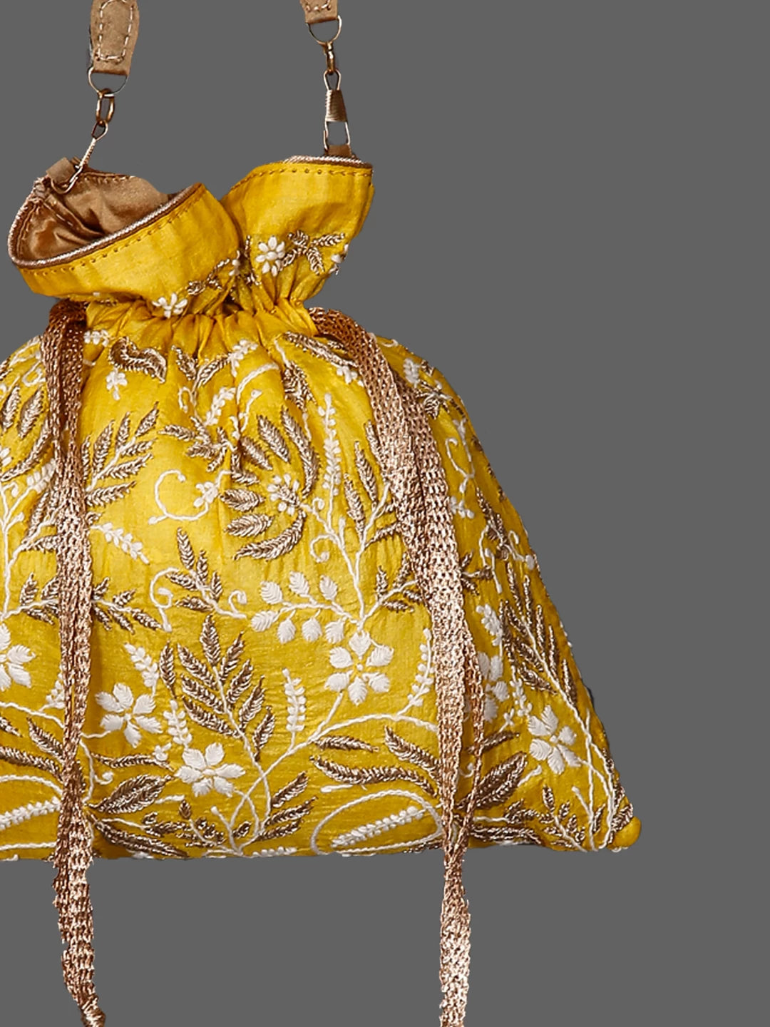 Ada Hand Embroidered Yellow Silk Lucknowi Chikankari Potli Bag With Zari Work 01A447215