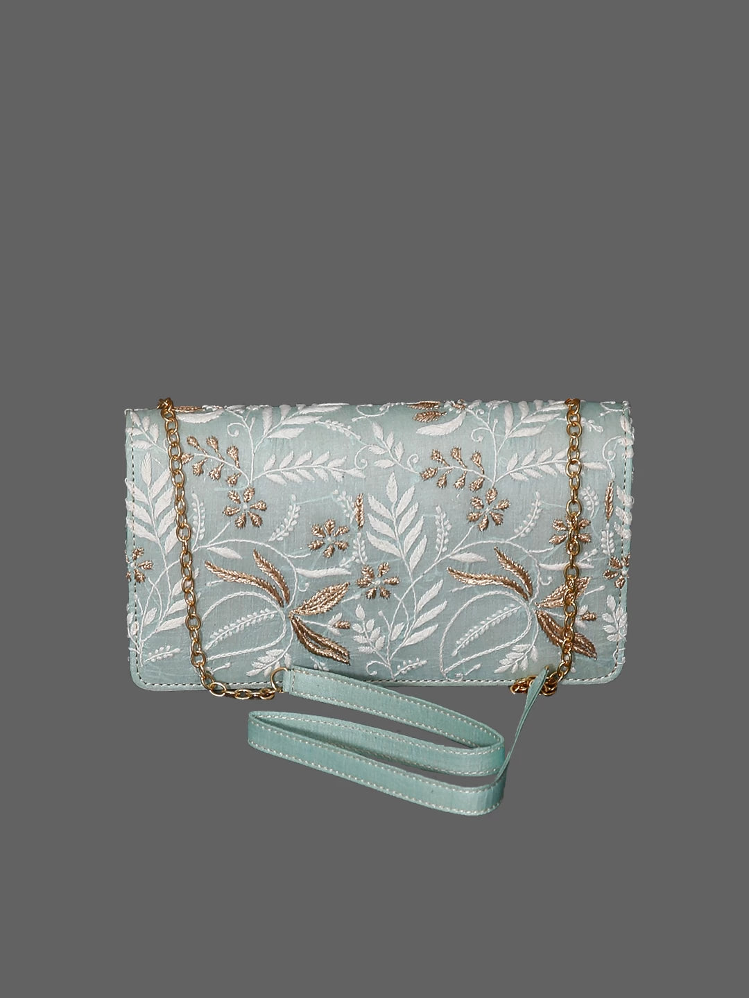 Ada Hand Embroidered Pastel Green Silk Lucknowi Chikankari Clutch Handbag With Zari Work 01A447193