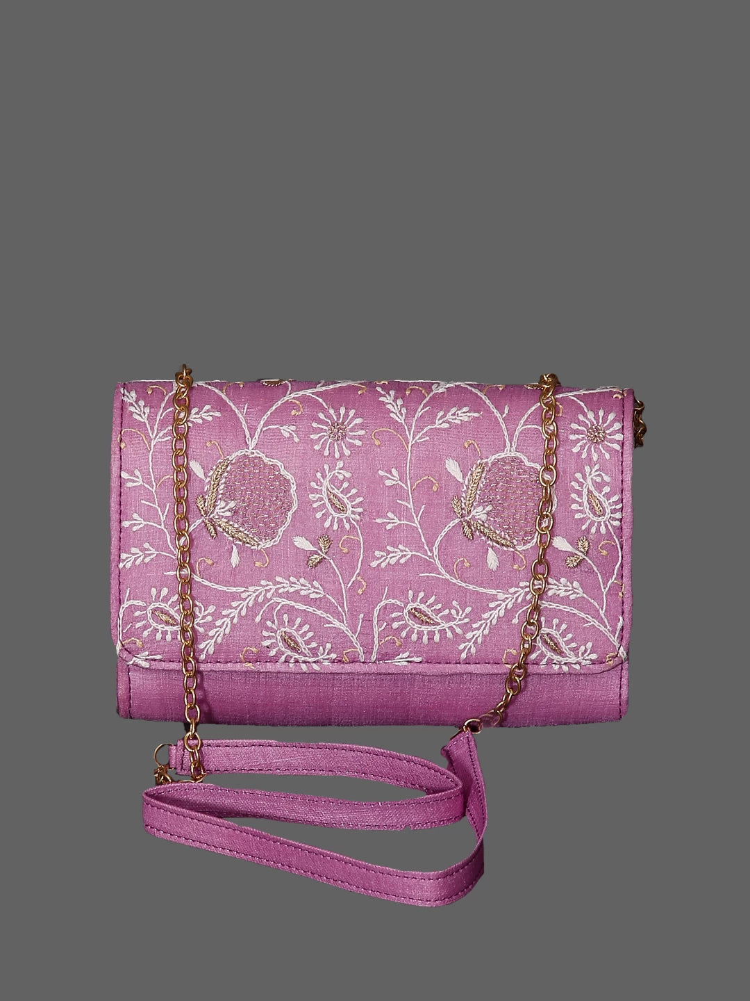 Ada Hand Embroidered Lilac Silk Lucknowi Chikankari Clutch With Zari Work 01A449426
