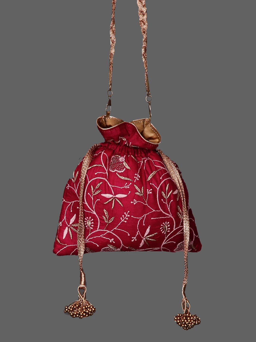Ada Hand Embroidered Cerise Red Silk Lucknowi Chikankari Potli Bag With Zari Work 01A436584