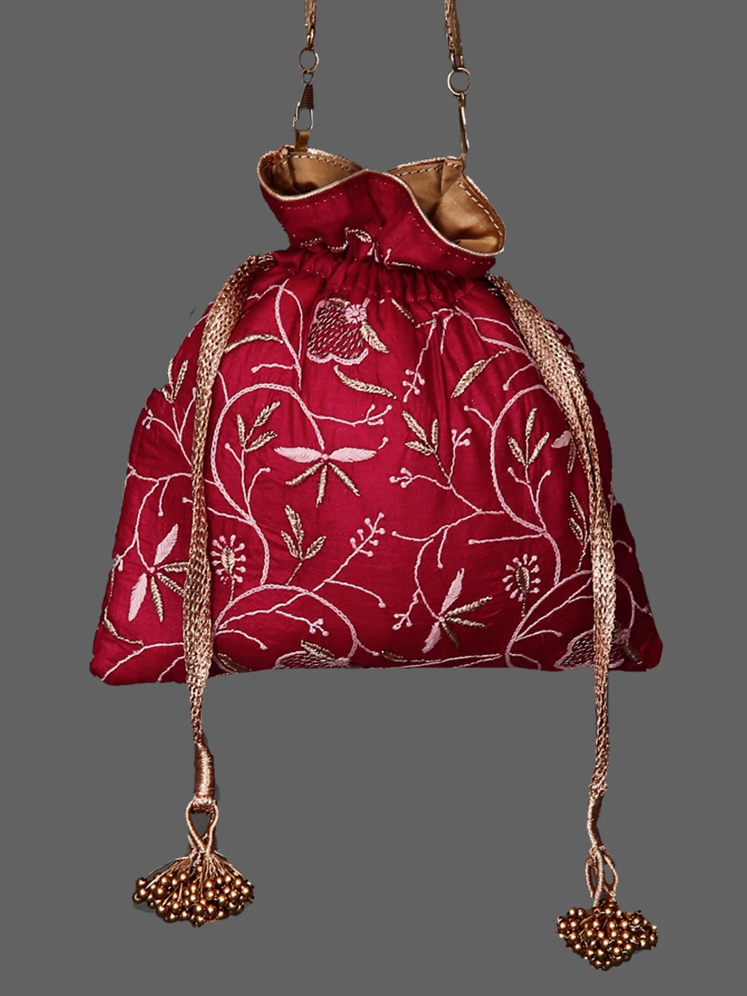 Ada Hand Embroidered Cerise Red Silk Lucknowi Chikankari Potli Bag With Zari Work 01A436584