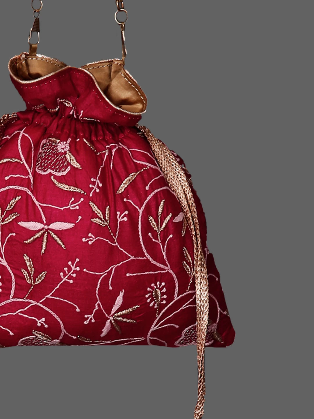 Ada Hand Embroidered Cerise Red Silk Lucknowi Chikankari Potli Bag With Zari Work 01A436584