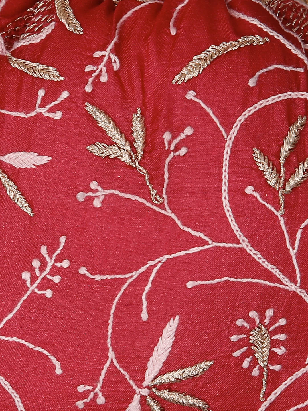 Ada Hand Embroidered Cerise Red Silk Lucknowi Chikankari Potli Bag With Zari Work 01A436584