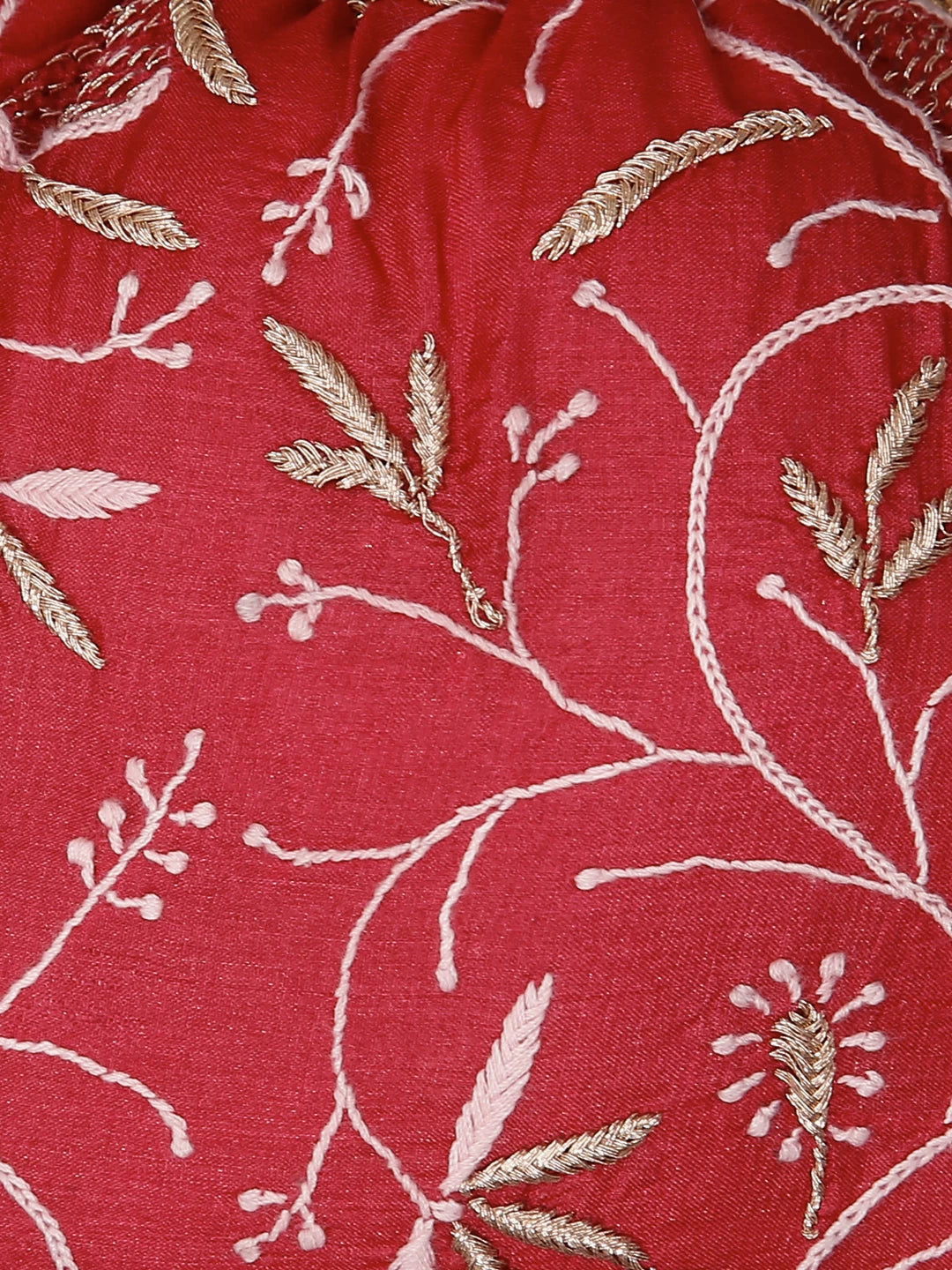 Ada Hand Embroidered Cerise Red Silk Lucknowi Chikankari Potli Bag With Zari Work 01A436584
