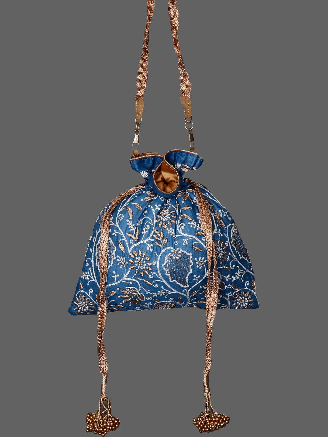 Ada Hand Embroidered Blue Silk Lucknowi Chikankari Potli Bag With Zari Work 01A436576