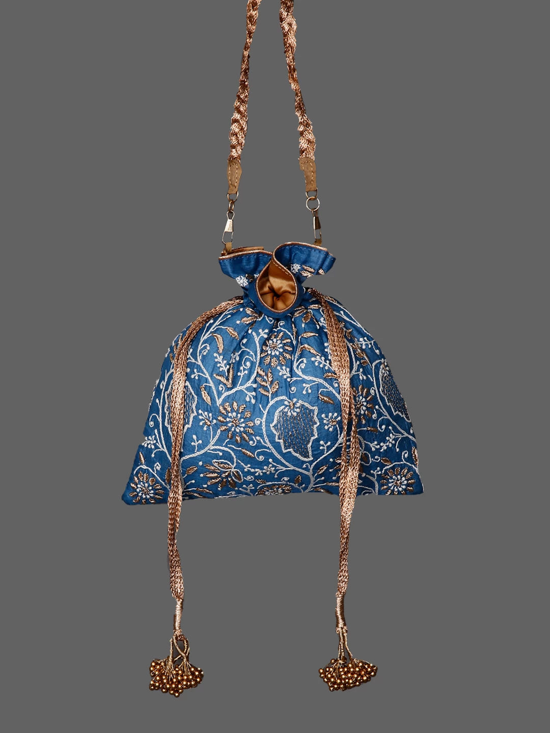 Ada Hand Embroidered Blue Silk Lucknowi Chikankari Potli Bag With Zari Work 01A436576