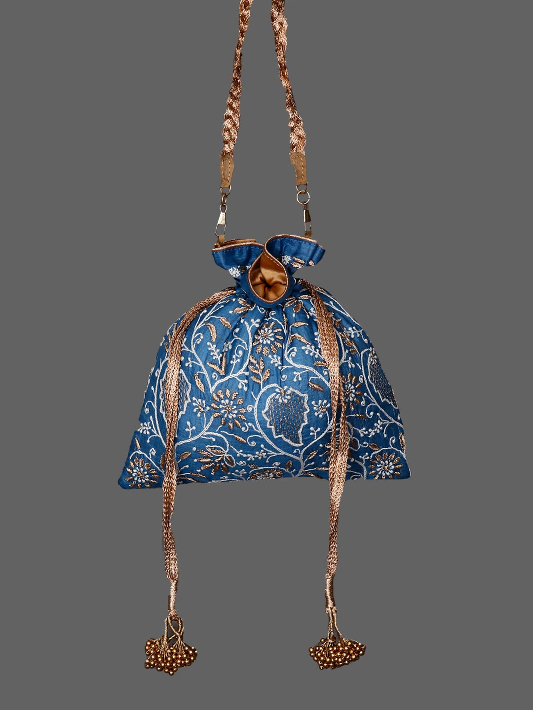 Ada Hand Embroidered Blue Silk Lucknowi Chikankari Potli Bag With Zari Work 01A436576