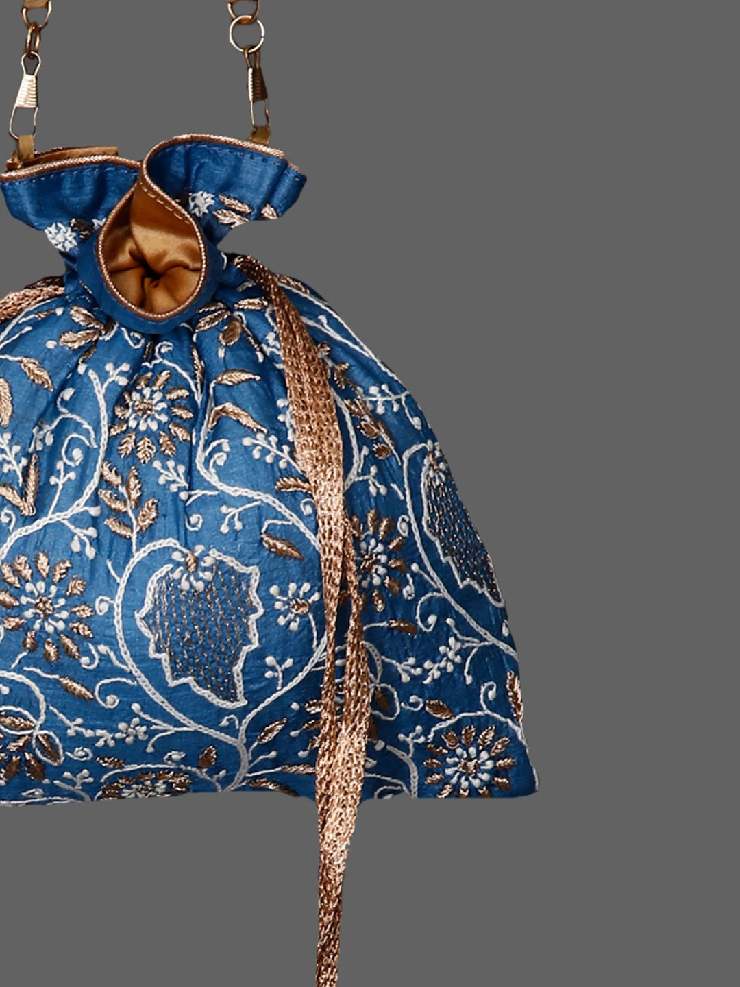 Ada Hand Embroidered Blue Silk Lucknowi Chikankari Potli Bag With Zari Work 01A436576