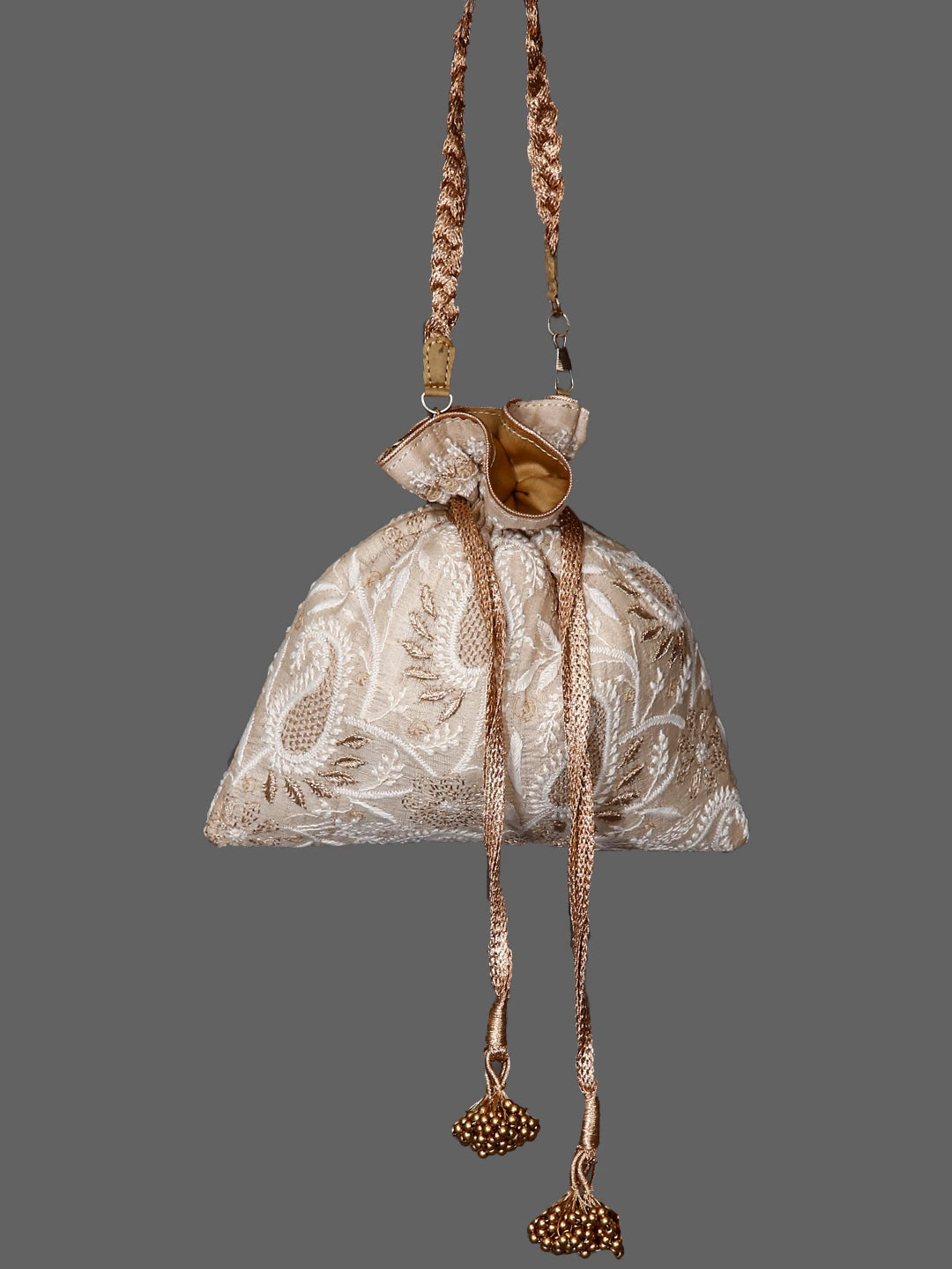 Ada Hand Embroidered Natural Fawn Silk Lucknowi Chikankari Potli Bag With Zari Work 01A436549