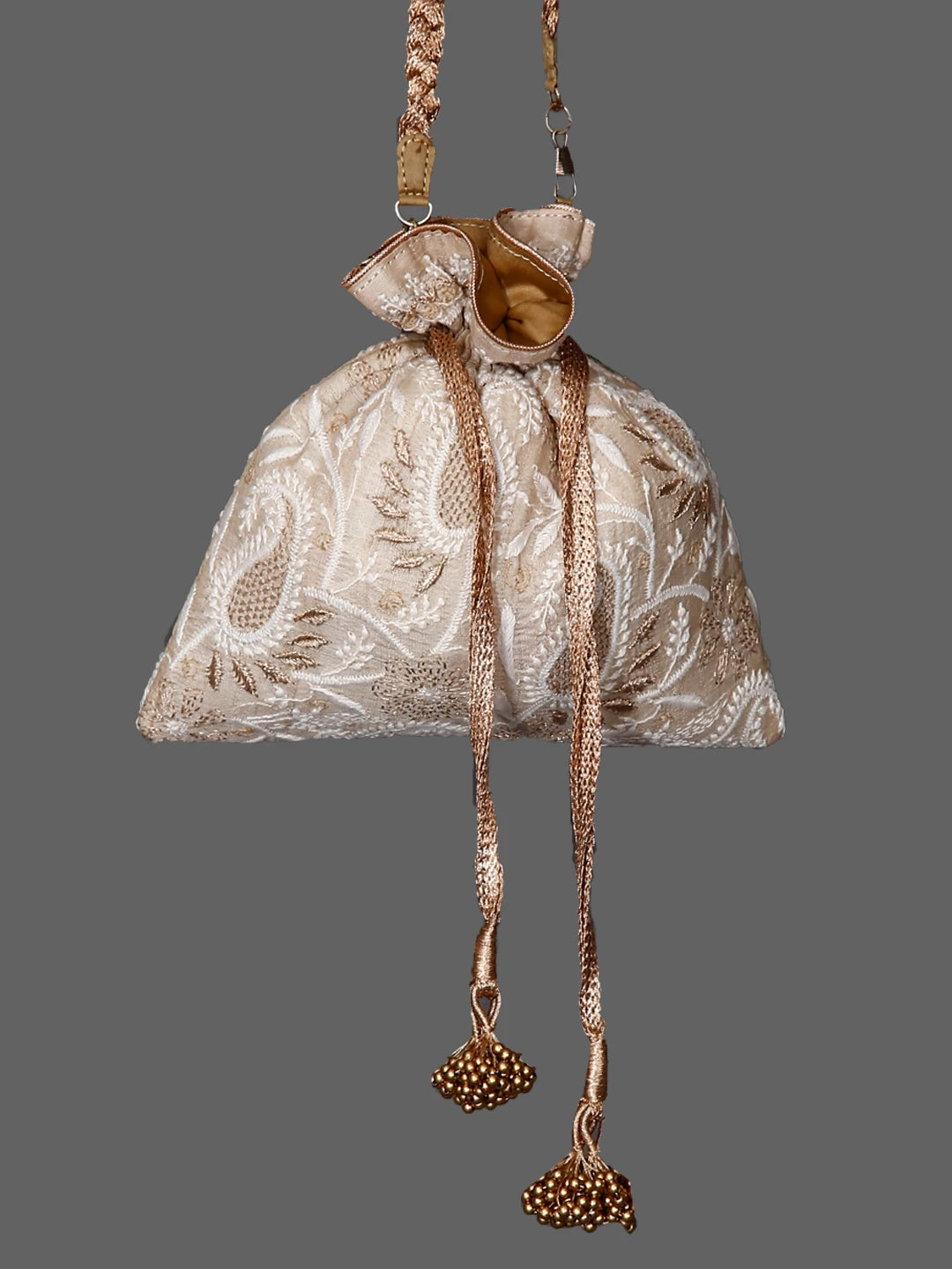 Ada Hand Embroidered Natural Fawn Silk Lucknowi Chikankari Potli Bag With Zari Work 01A436549